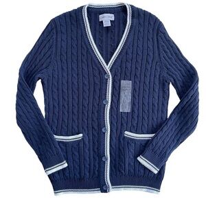 Cabin Creek Navy Blue & White Cotton Knit Ribbed V-Neck Cardigan M